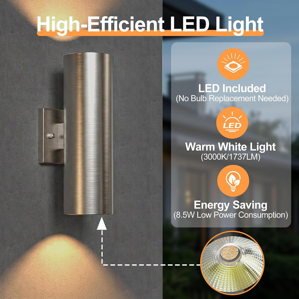 12in Aluminum Up and Down LED Porch Light Super Bright 3000K, 2P