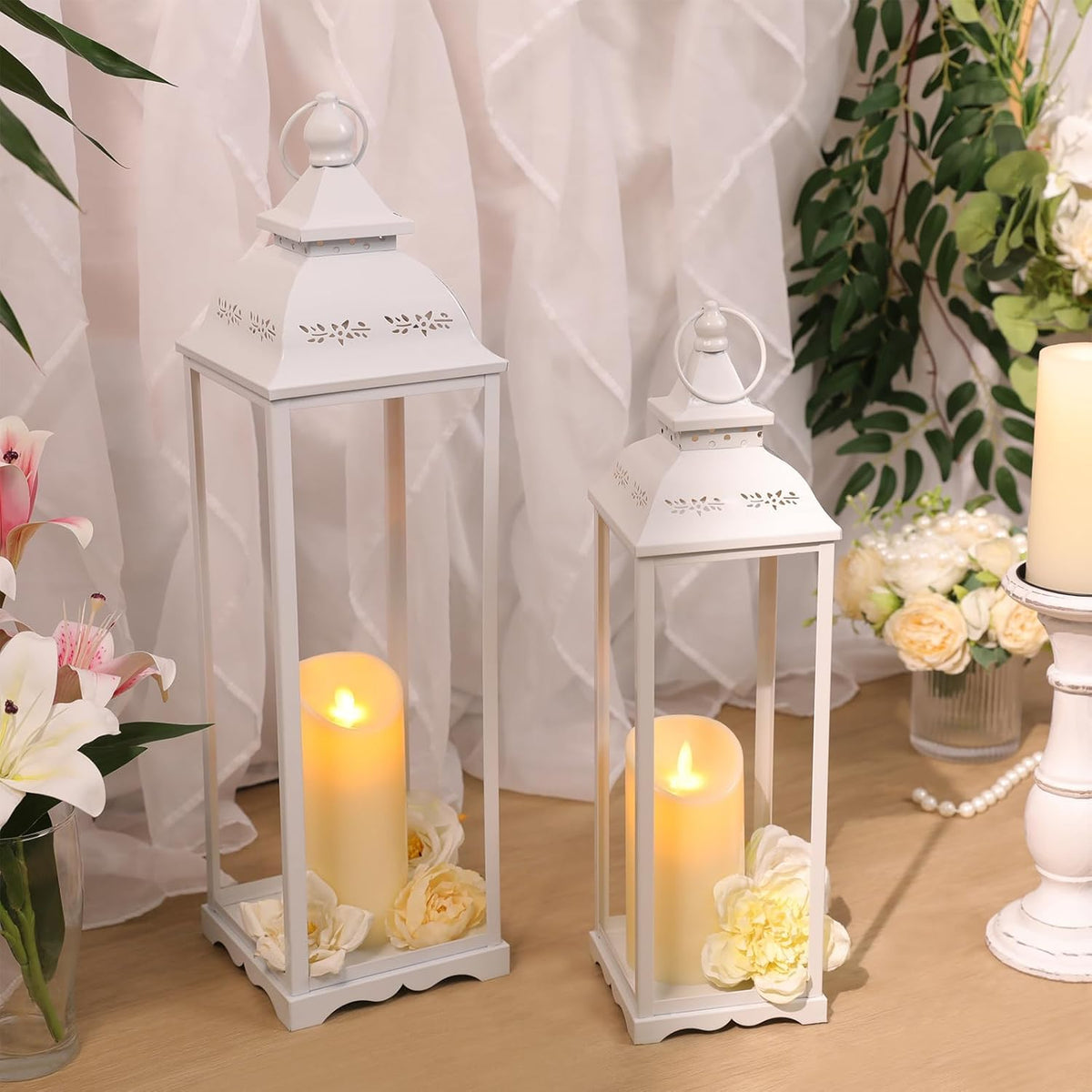 Decorative Candle Lanterns, Large 2Pcs, White Metal for Indoor & Outdoor
