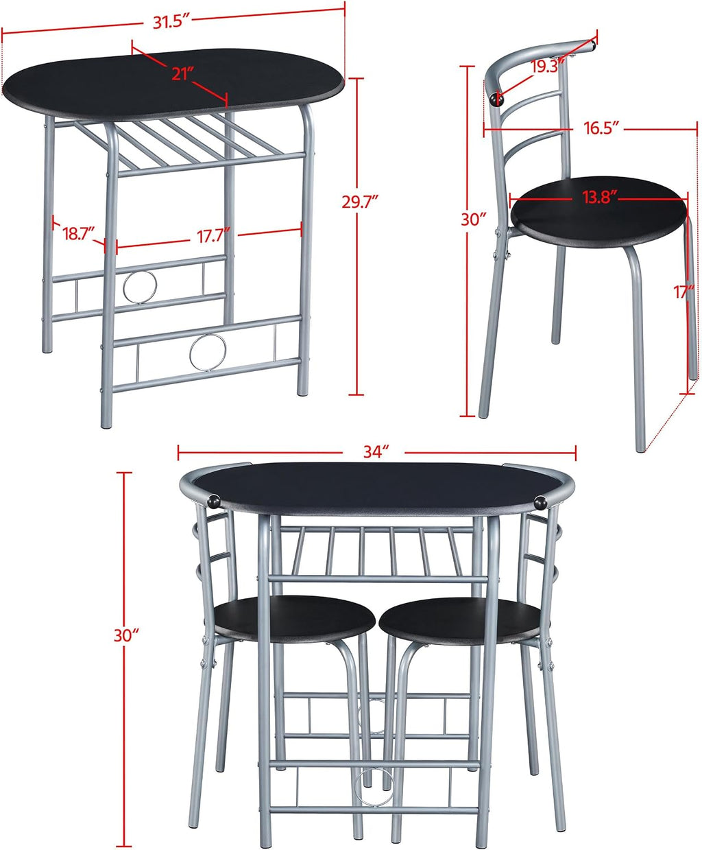 Yaheetech 3 Piece Dining Table Set for 2, Small Table and Chairs, Black