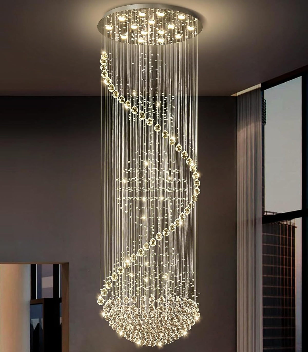 D40'' x H120'' Crystal Chandelier High Ceiling Chandeliers for Staircaes Large Raindrop Chandeliers LED Dimmable Flush Mount Light Fixtures for Foyer Hallway Entryway LED Bulbs Included Silver