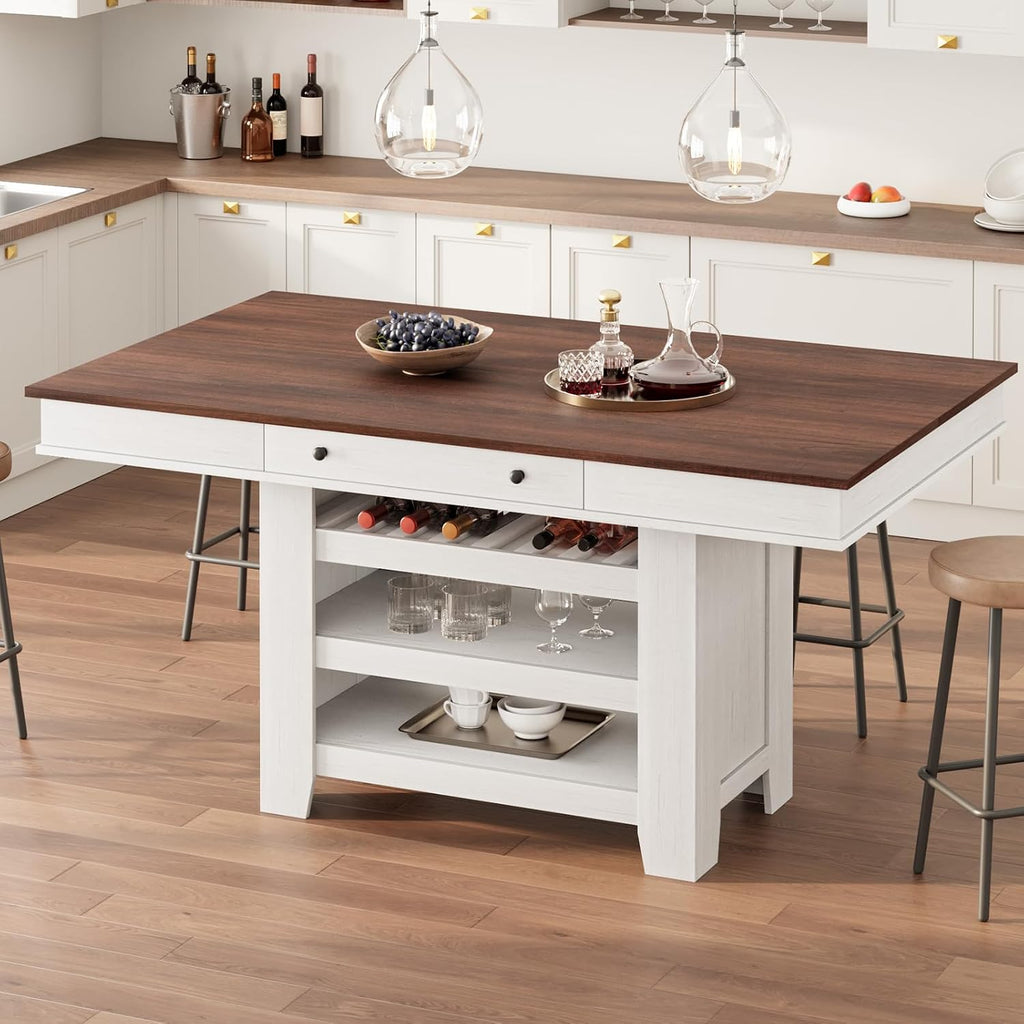 GAOMON 60" Counter Height Dining Table for 4-6, Farmhouse Rectangular Bar Height Kitchen Table & Thick Table Top, with Deepened Wine Rack & Shelves for Kitchen, Bar, Retro White & Brown