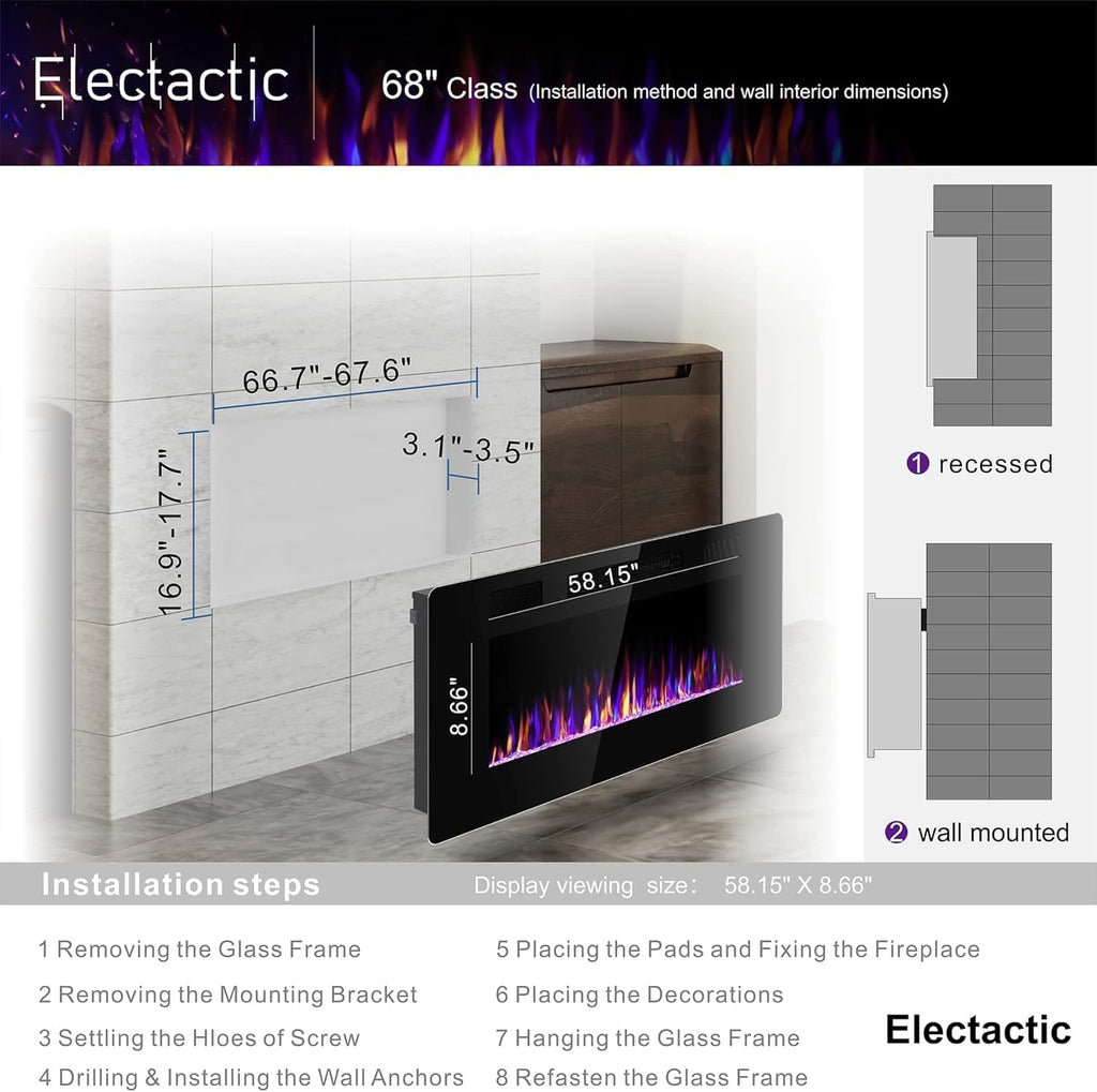 Electactic 68 Inch Electric Fireplace Insert Ultra-Thin - Recessed & Wall-Mounted Fireplace Heater with Thermostat, Adjustable Flame, Remote Control - Linear with Timer, Touch Screen, 750/1500W