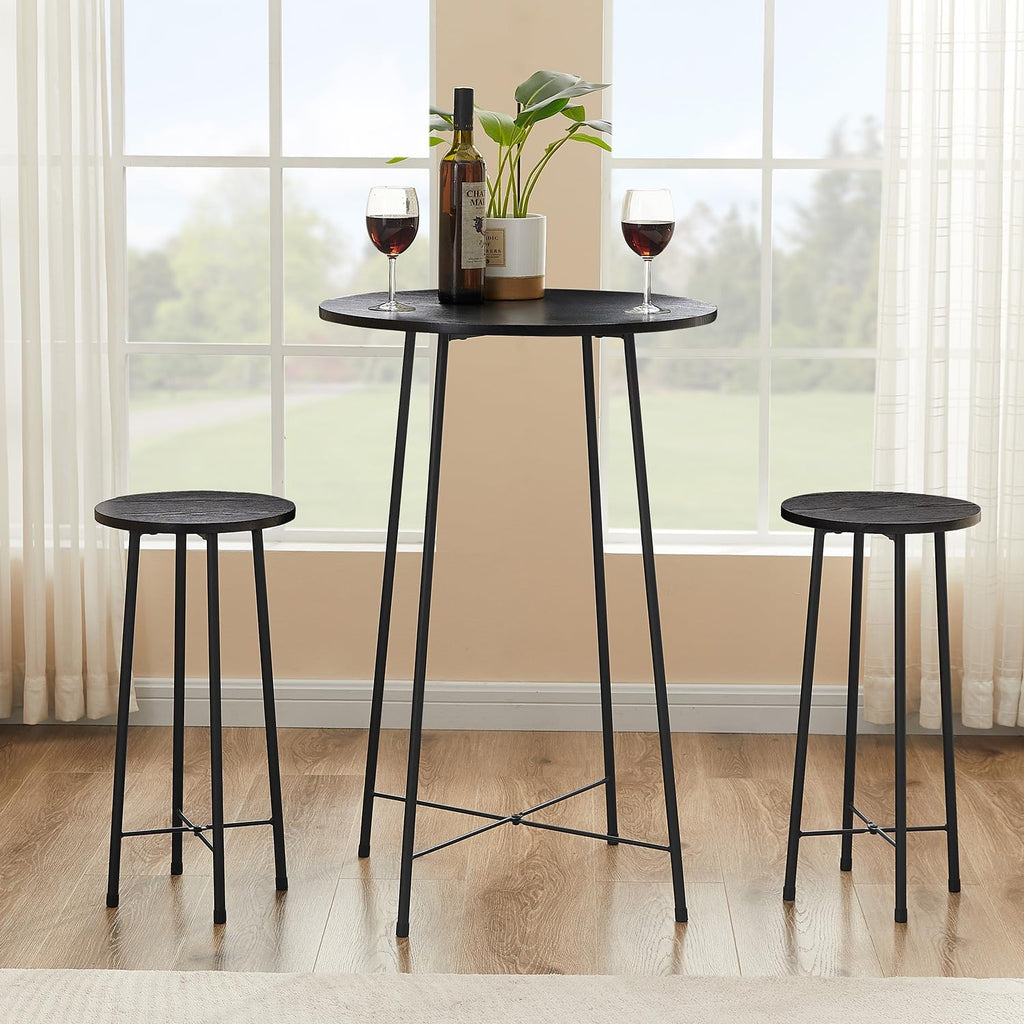 VECELO 3 Piece Pub Table and Chairs Sets Counter Height Bistro Bar Sets with 2 Barstools for Kitchen Breakfast Nook, Small Space, Apartment, Breakfast Dinner Restaurant, Black