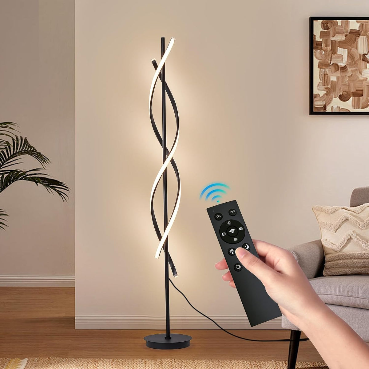 60" Black ModernSpiral Floor Lamp, 40W Dimmable LED Standing Light with Remote & 3 Color Temperatures for Living Room Bedroom Office