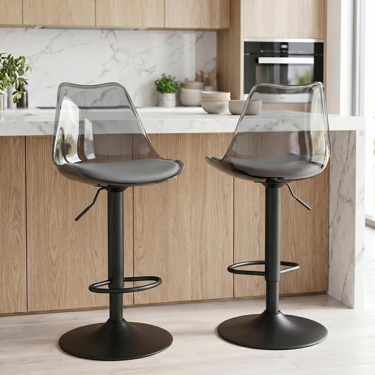 Clear Bar Stools Set of 2, Adjustable Swivel Counter Height Stools, Grey