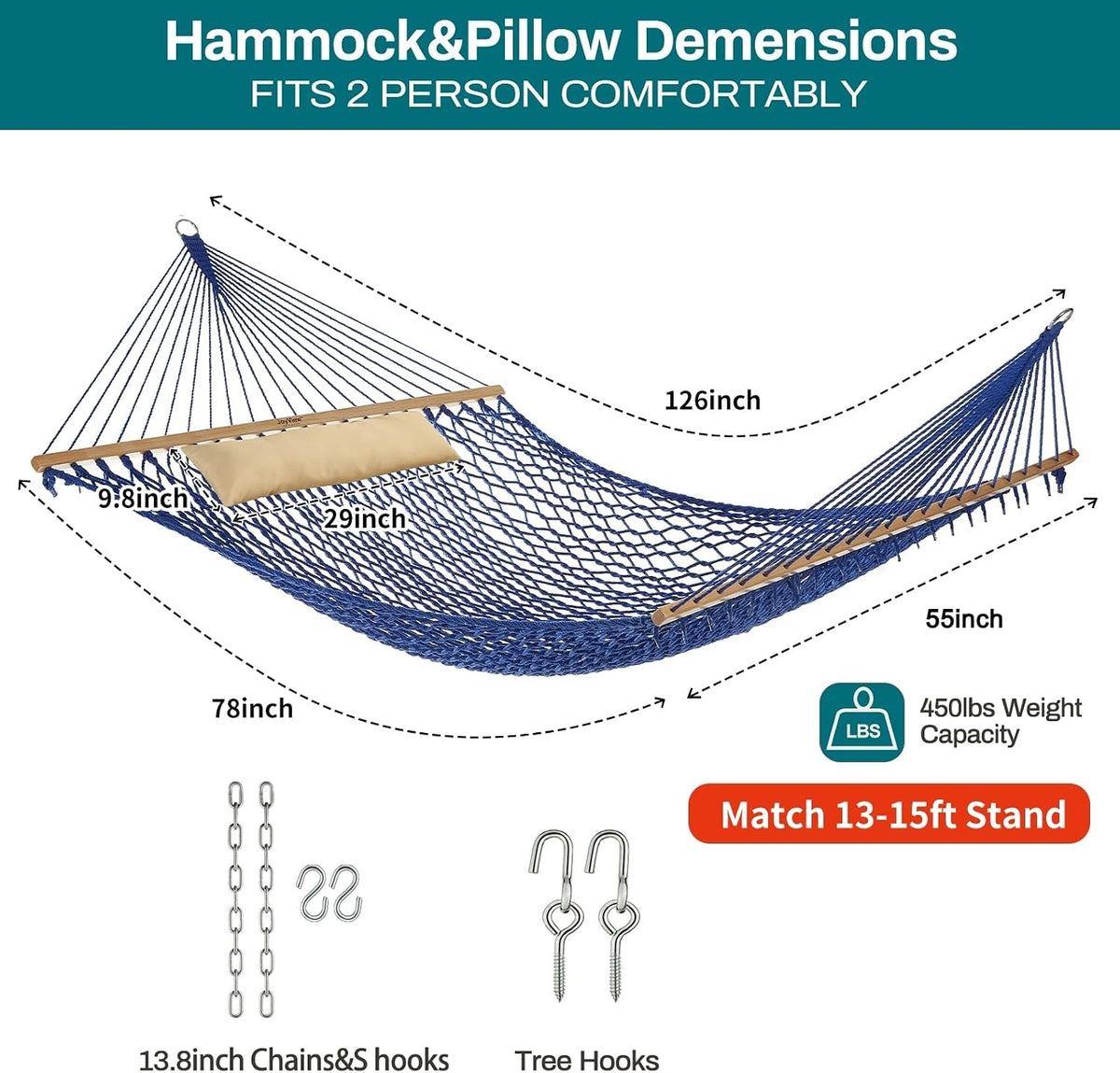 JoyView Traditional Rope Double Hammock - Hand Woven Cotton Hammock with Hardwood Spreader Bar and Pillow 450lb Capacity for Outdoor Indoor Patio Yard - Blue
