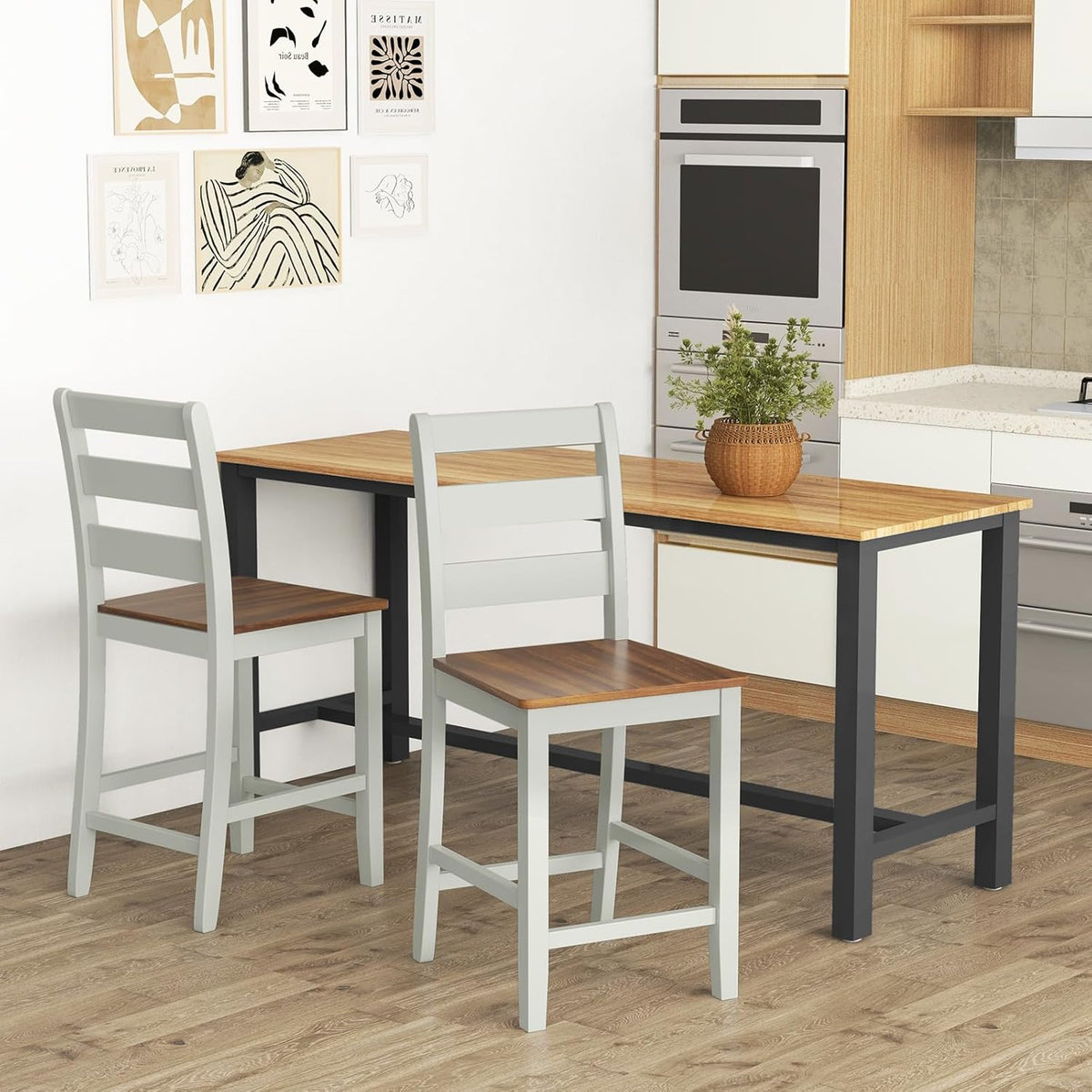 COSTWAY 24'' Wooden Counter Height Chairs Set of 2 with Ladder Back Support