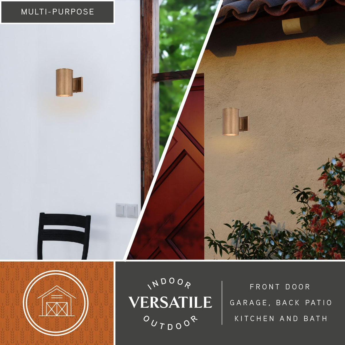 VAXCEL Chiasso Modern Outdoor Porch Light, 5" W x 7.25" H Gold Brass Cylinder Wall Sconce, Waterproof Dark Sky Wall Light for Porch, Patio, Deck, or Front Door