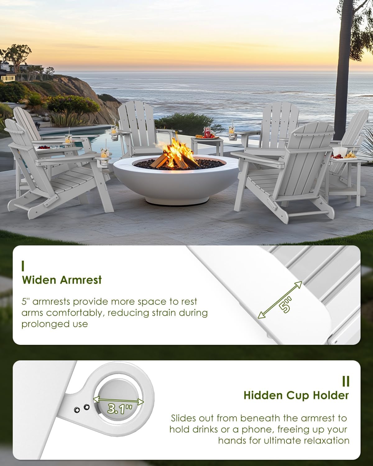 GREENVINES Folding-Adirondack-Chairs Set of 2, HDPE All Weather, White