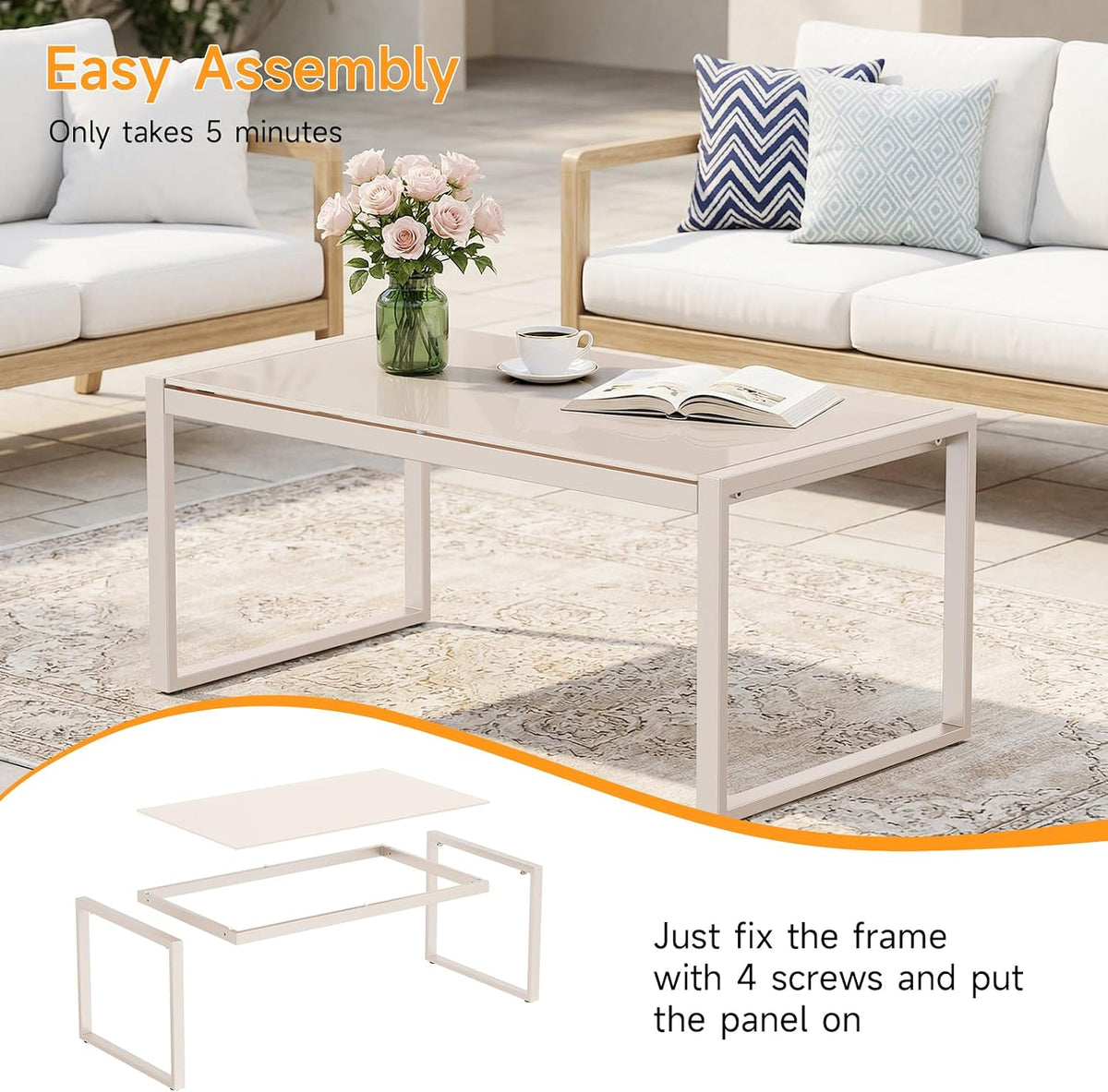 ONBRILL Rectangle Coffee Table with Tempered Glass Desktop, Sand