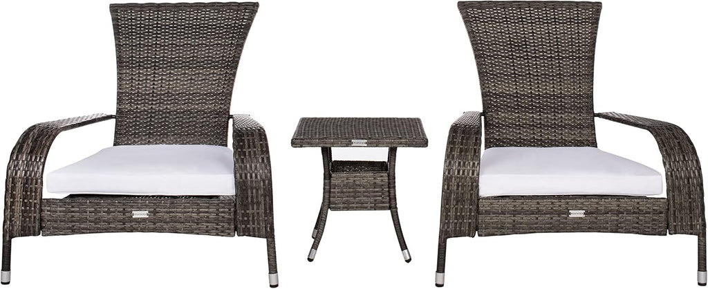 SAFAVIEH Outdoor - Edna 3-Piece Lounge Set - Grey Brown & White - Steel Frame & Faux Rattan with Cushion - Wingback Tropical French Design - Ideal for Patio, Deck, Porch, Backyard (PAT7719C)