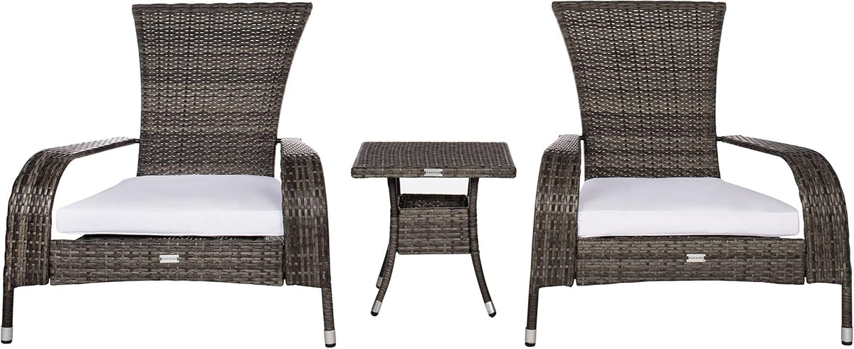 SAFAVIEH Outdoor - Edna 3-Piece Lounge Set - Grey Brown & White - Steel Frame & Faux Rattan with Cushion - Wingback Tropical French Design - Ideal for Patio, Deck, Porch, Backyard (PAT7719C)