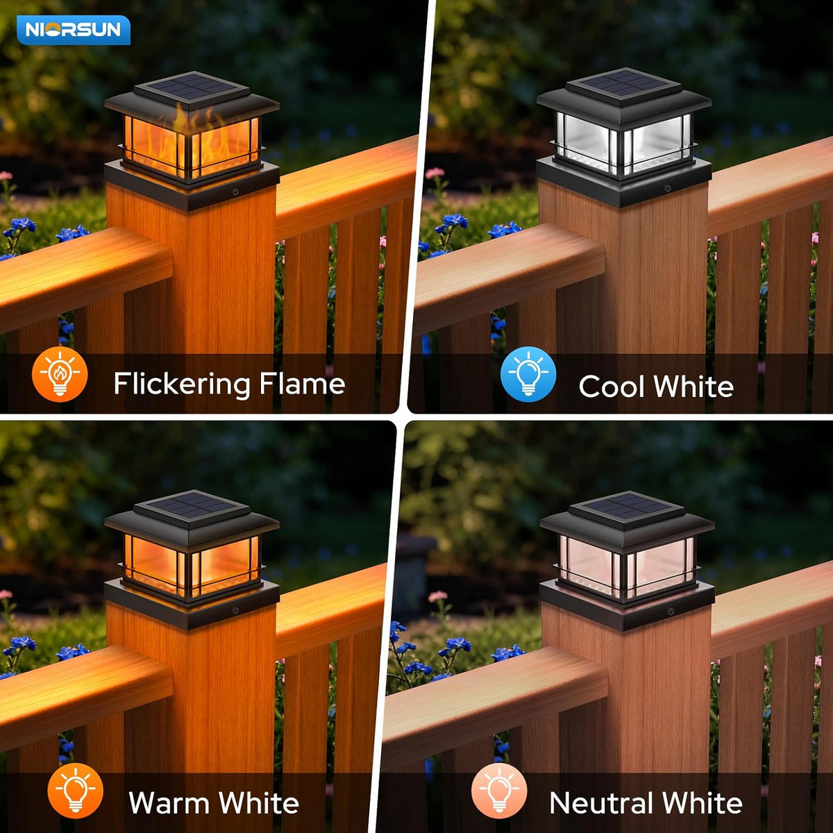 NIORSUN 4x4 Post Solar Lights with Flame Light &3 Color Temps,12 Pack Black