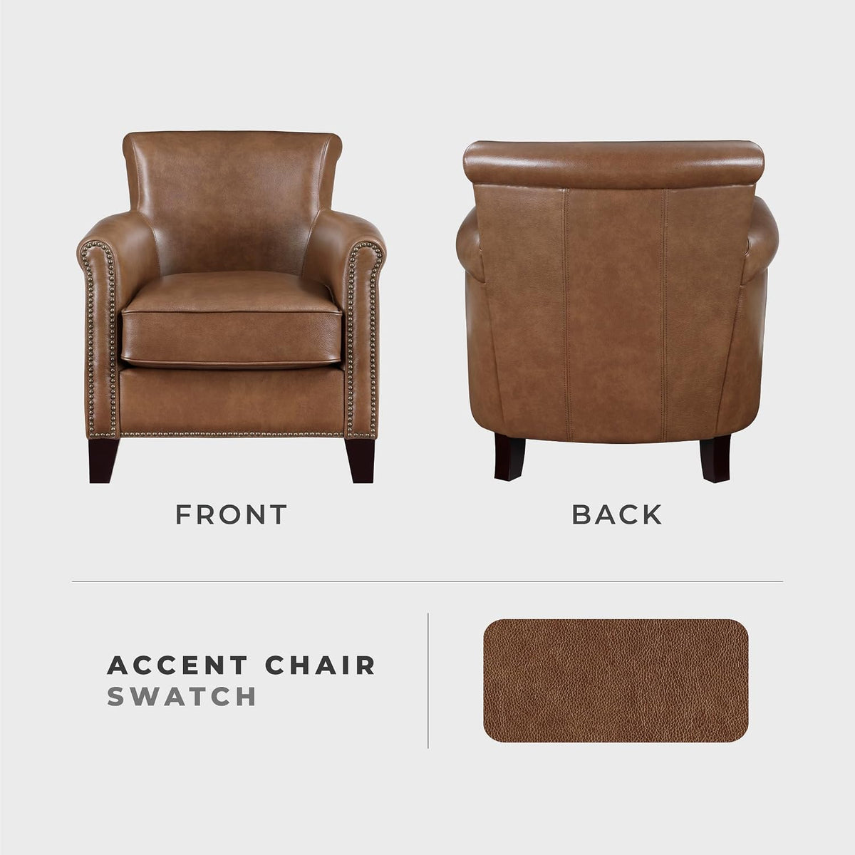 Lexicon Top Grain Genuine Leather Chair, Rolled Armrest, Brown