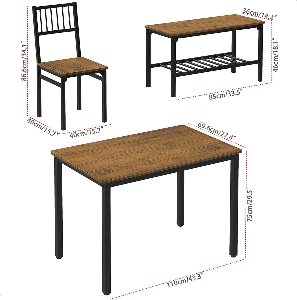 Teraves Dining Table Set for 4/Computer Desk,Kitchen Table with 2 Chairs and a Bench,Table and Chairs Dining Room Set 4 Piece Set for Dining Room (Teak, 110CM)/ 43.31"