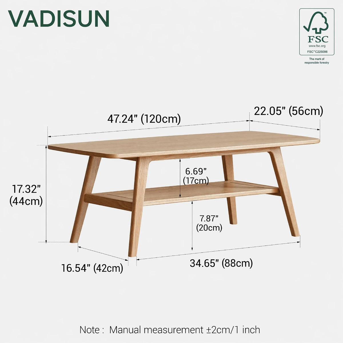 100% Solid Wood Coffee Table for Living Room, 47.24" Mid Century Modern Tables with Shelf Storage, 2-Tier Coffee Table with Rounded Corners (Oak Wood Log Color)