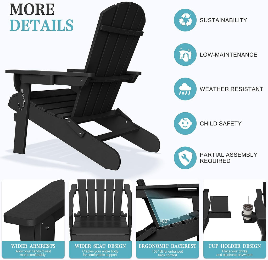 Shintenchi Folding Adirondack Chairs Set of 2,HDPE All-Weather Patio Chairs with Cup Holder & Phone Holder,Wooden Textured Fire Pit Chairs for Patio,Outside,Deck,Backyard,Black