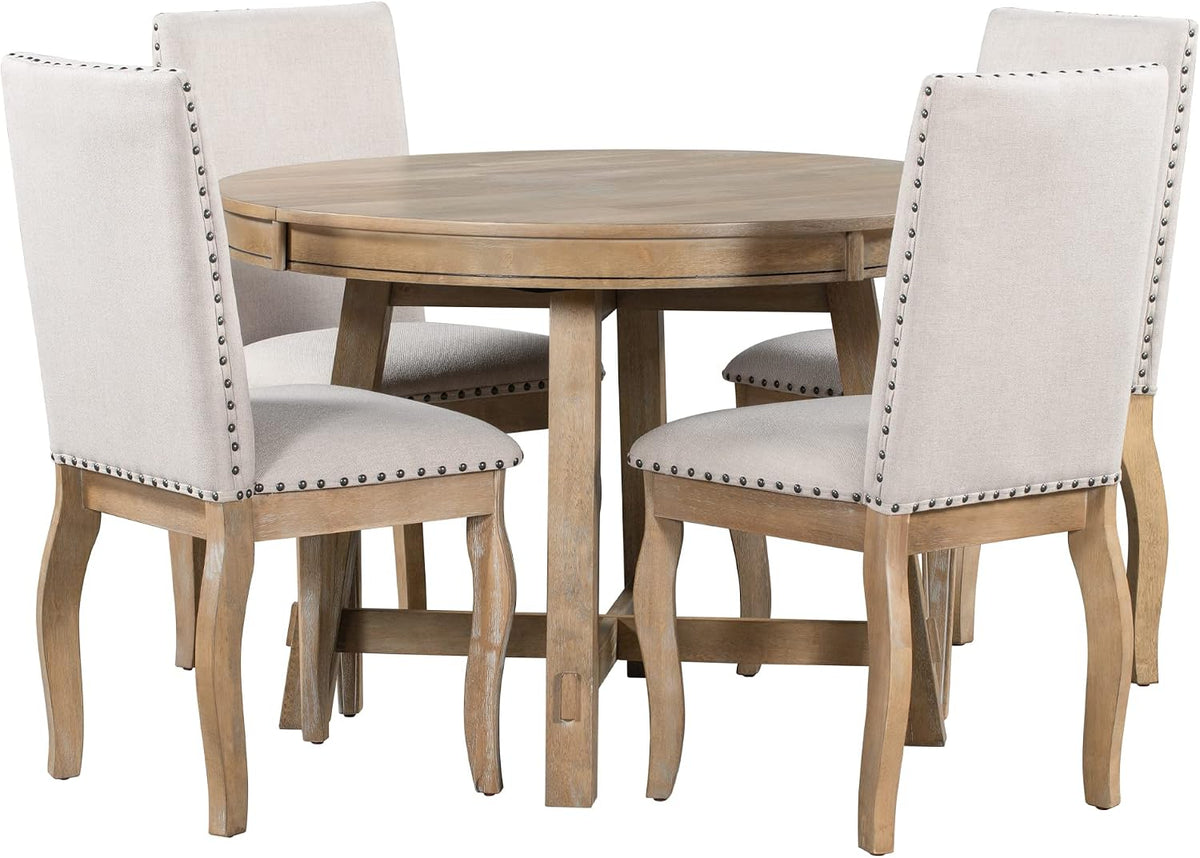 Knocbel Farmhouse 4-Person Extendable Dining Table Set, 5-Piece Dinette Set with Upholstered Nailhead Trim Chairs, Kitchen Dining Room Small Space Furniture Set, Standard Height (Natural Wood Wash)