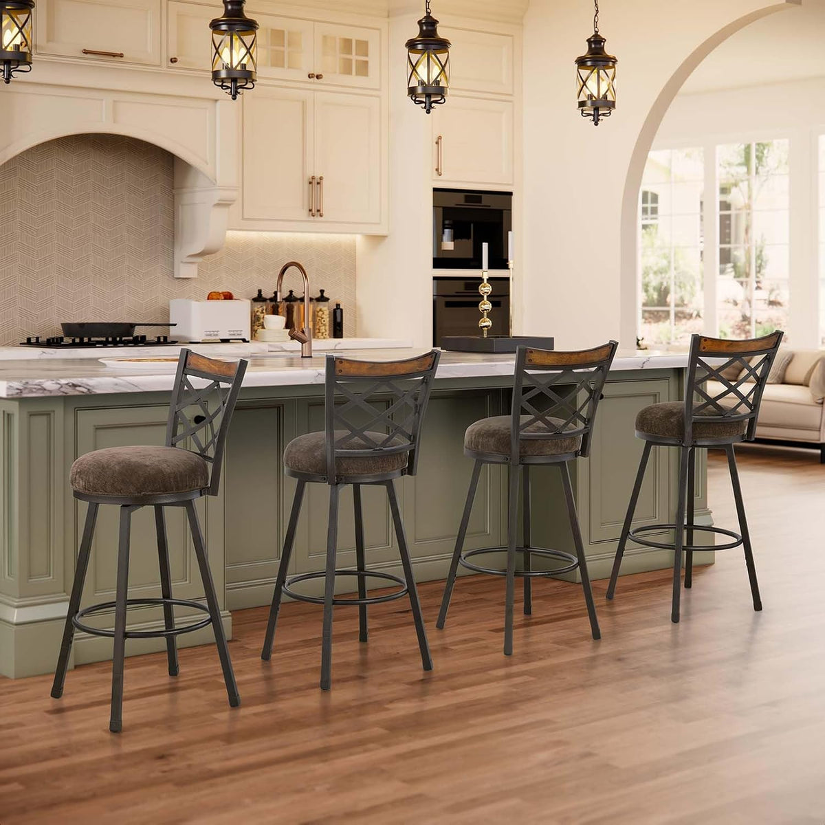Set of 4 Farmhouse Swivel Bar Stools with Backs, Adjustable 25"/30" Counter & Bar Height Chairs, Industrial Antique Brass Metal, Fabric & Wood for Kitchen Island, Pub