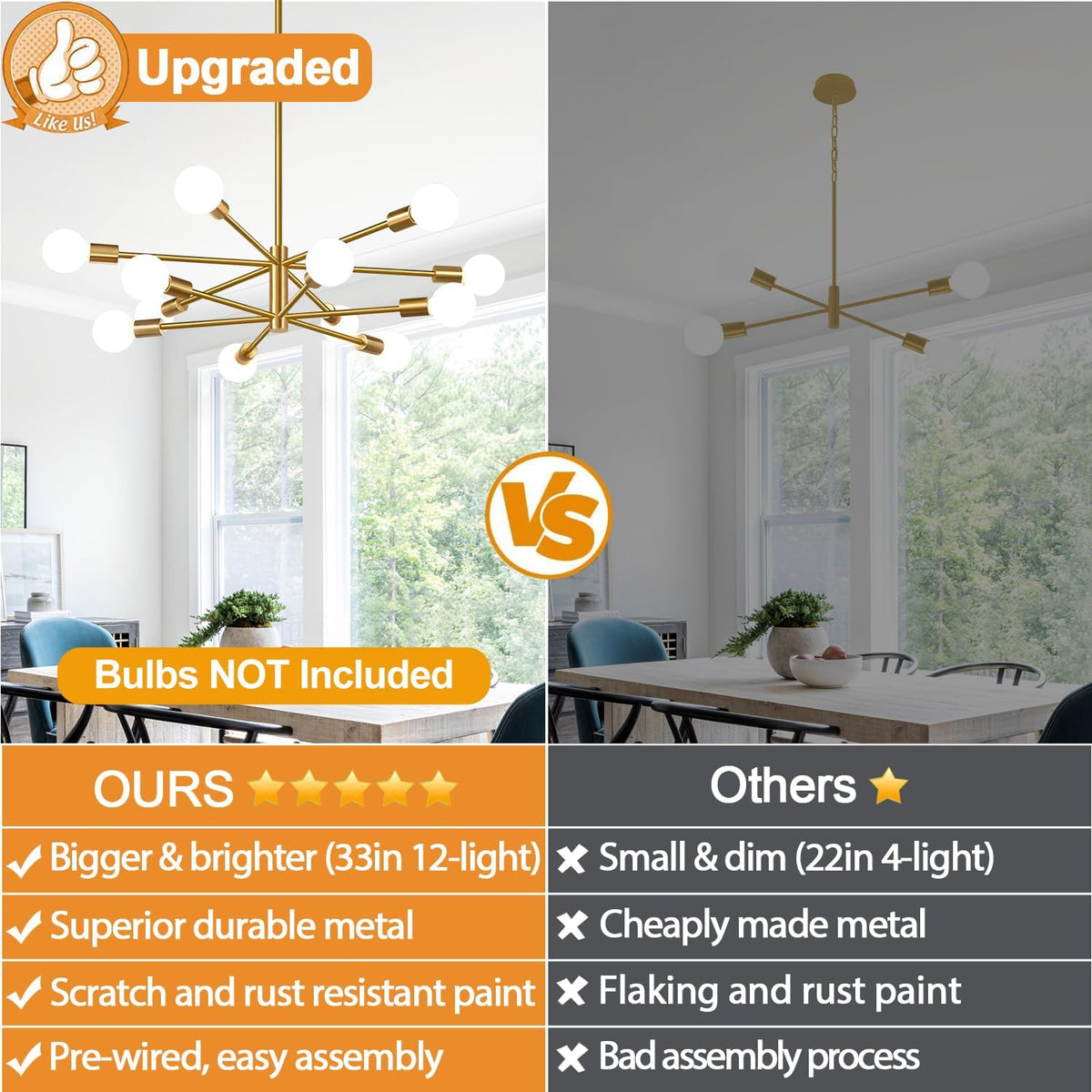 11"-52" Height Adjustable Modern Chandelier Ceiling Light Fixture, 12-Light Sputnik Chandeliers Brushed Gold Mid Century Chandelier Over Table, Chandeliers for Dining Room Living (Bulbs Not Included)