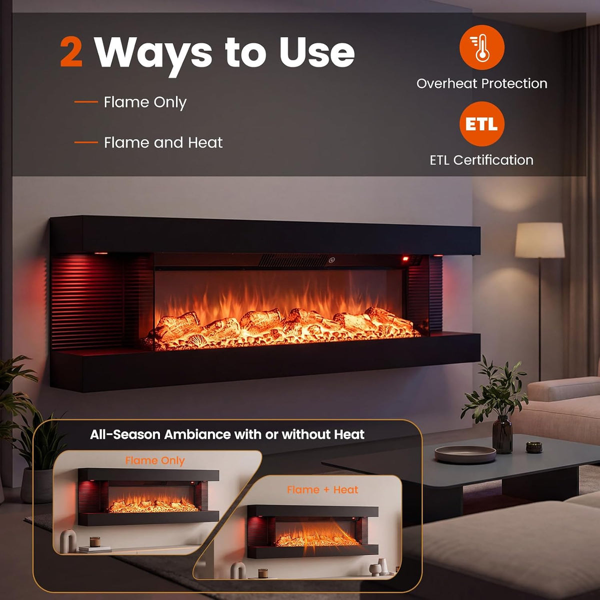ORALNER 3 Sided Wall Mount Electric Fireplace w/ 50" Floating Mantel, Black