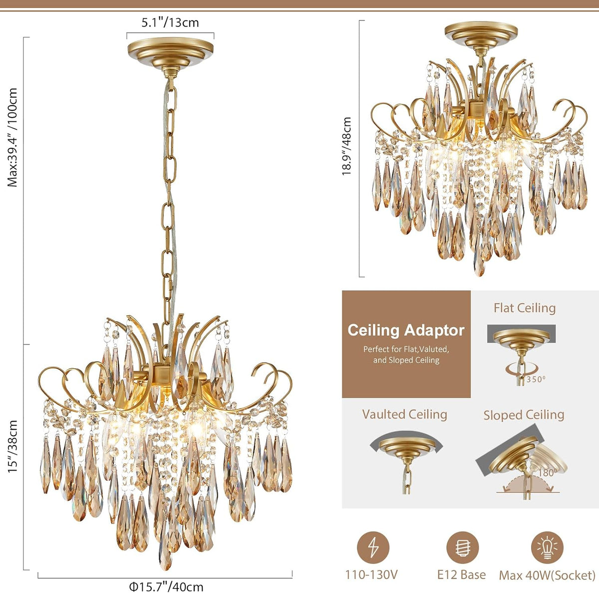 gold crystal chandeliers for dining room 4-light modern, side view