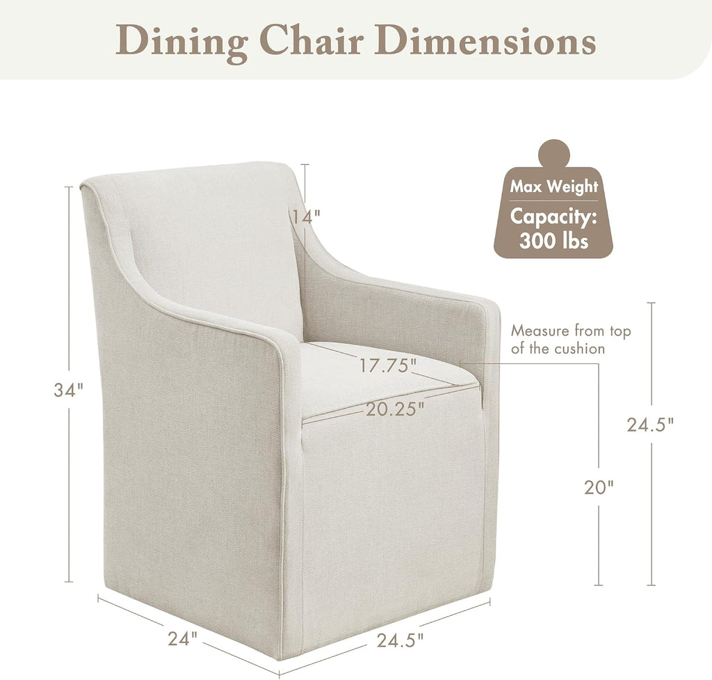 Madison Park Dining Chair with Hidden Casters, 20" Thick Seat Foam Cushion, Upholstered, Padded, Modern Farmhouse Dining Chair, Fully Assembled, Charlotte, 34" H, Cream