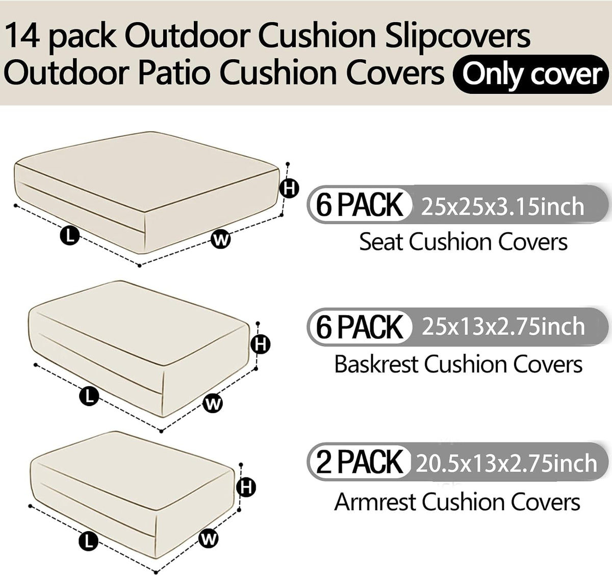 14Pieces Patio Cushion Covers Replacement Outdoor Couch Cushions Covers Splashproof Sofa Slipcovers Set with Zippers,Patio Furniture Protector Cover Only(Gray,25×25×3.15 inches)