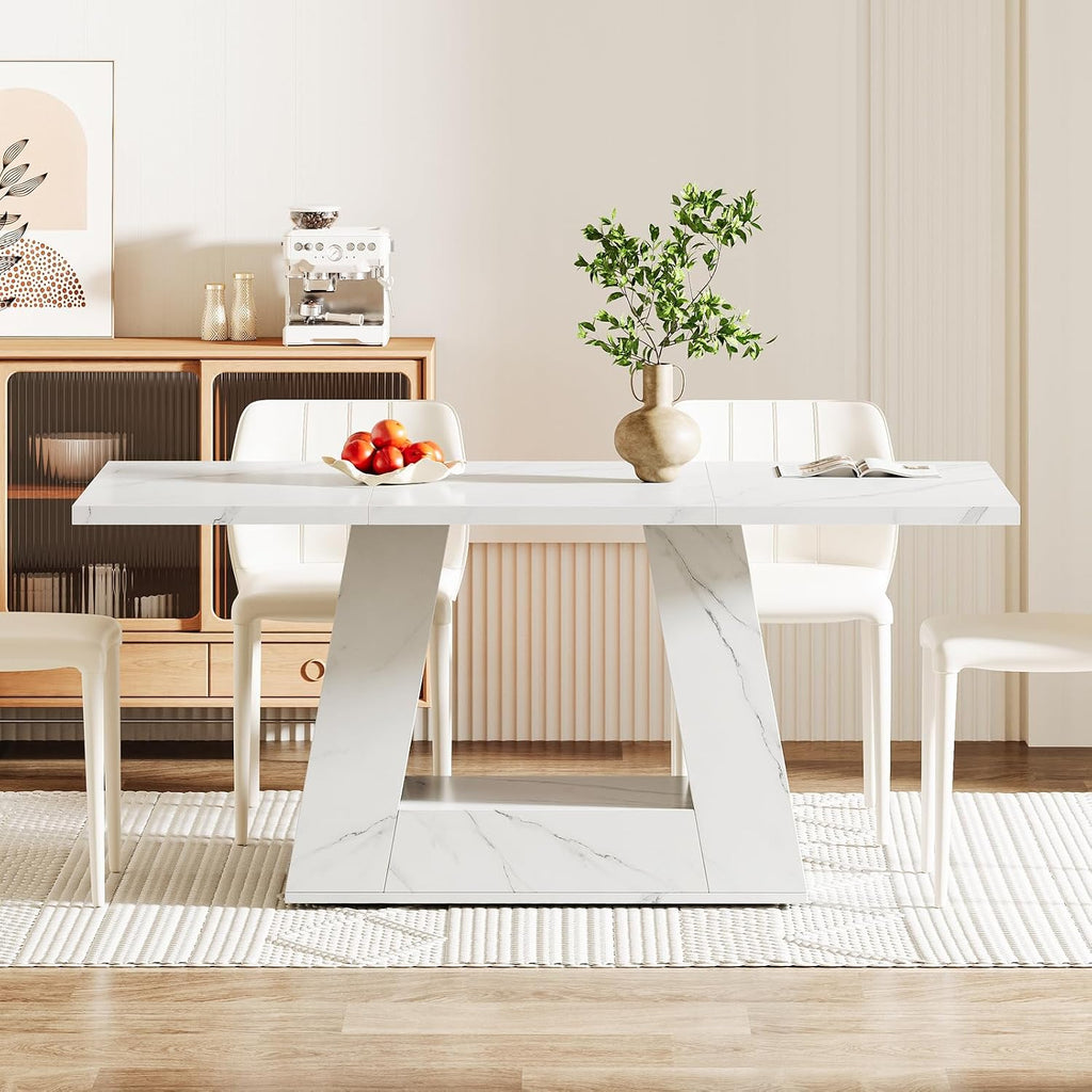 Tribesigns Dining Table for 4 to 6 People, 63" Rectangular Dining Room Table, Modern Wooden Faux Marble Dinner Table with Sturdy Base for Kitchen, Living Room