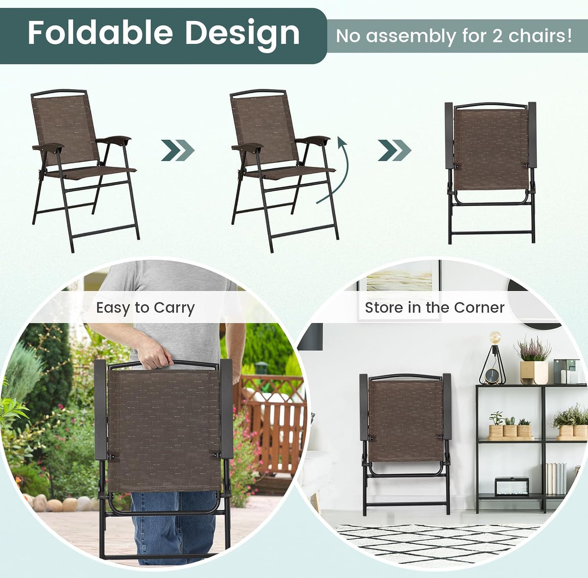 S AFSTAR 3-Piece Patio Dining Set, Steel Bistro Table and Chairs Set of 2 w/Folding Chairs & Tempered Glass Table, Indoor/Outdoor Conversation Furniture Set for Porch, Balcony, Garden, Poolside