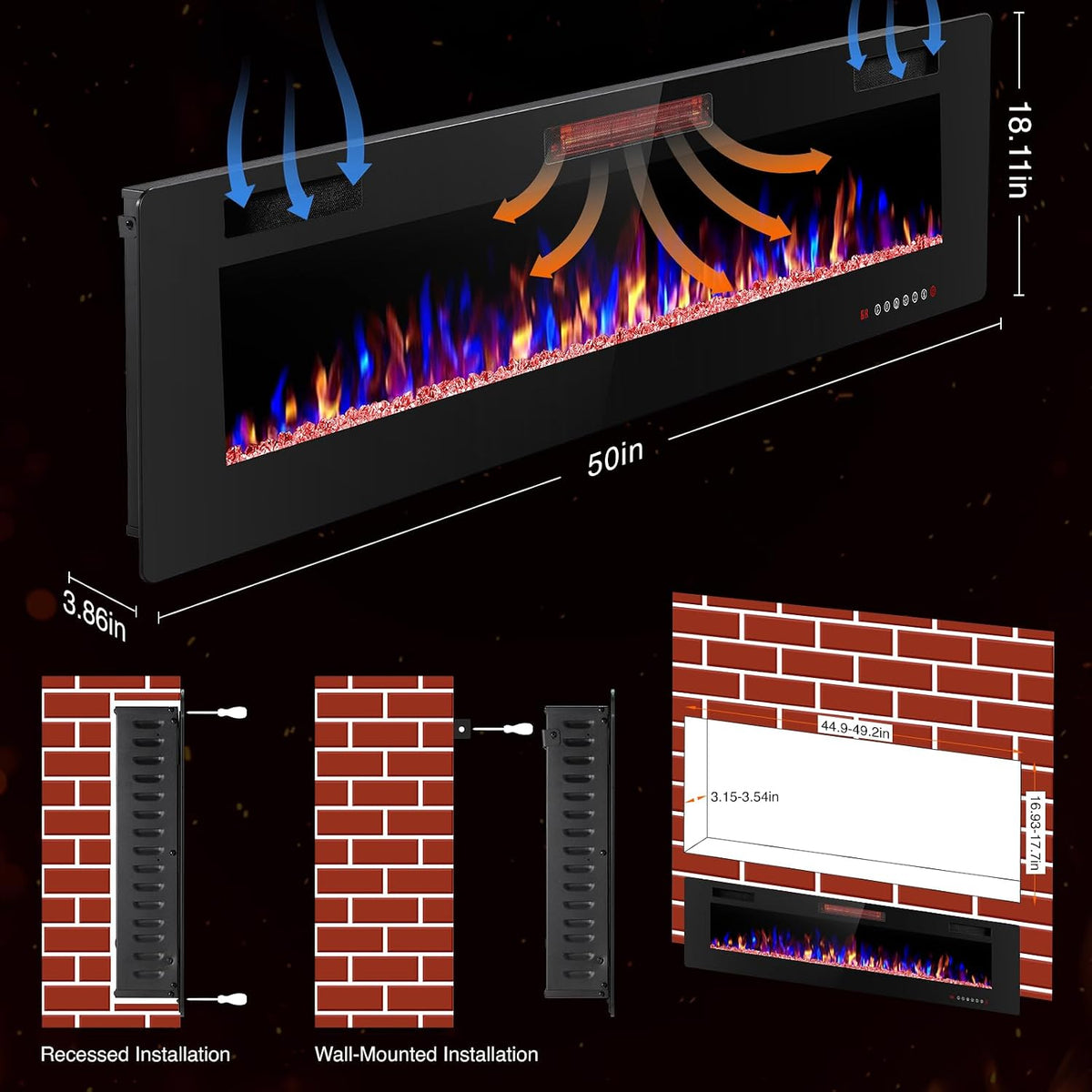 ZAFRO 50" Electric Fireplace with Remote Ultra-Thin & Quiet Wall-Mounted Recessed Heater, Adjustable 12-Color Flame, Brightness & Speed