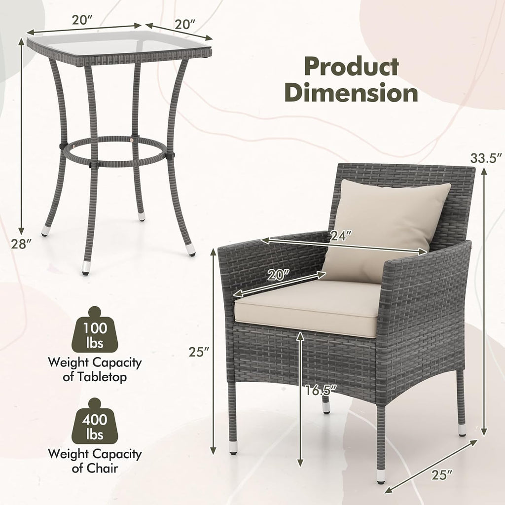 DORTALA Wicker Patio Furniture Set 3 Piece, Small Outdoor Table & Chairs with Tempered Glass Tabletop, Cushions, Rattan Conversation Bistro Set for Balcony, Porch, Backyard, Deck, Mix Gray+Off White