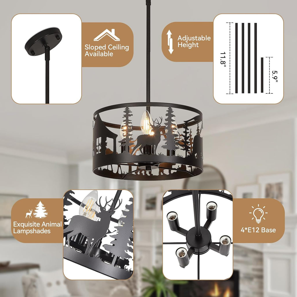 Rustic Deer Bear Cabin Chandelier, 4-Light Farmhouse Pendant Light