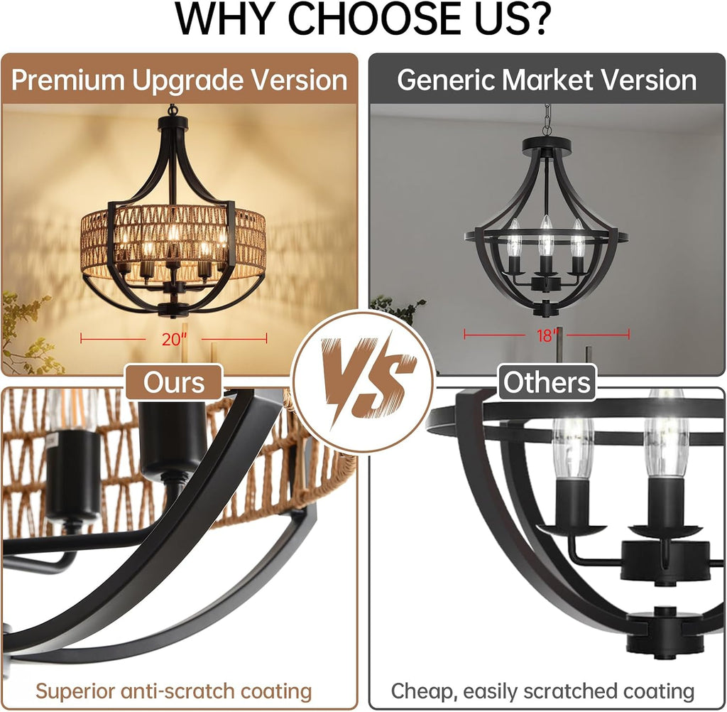 20" Rattan Chandelier, 5-Light Black Farmhouse Pendant Light