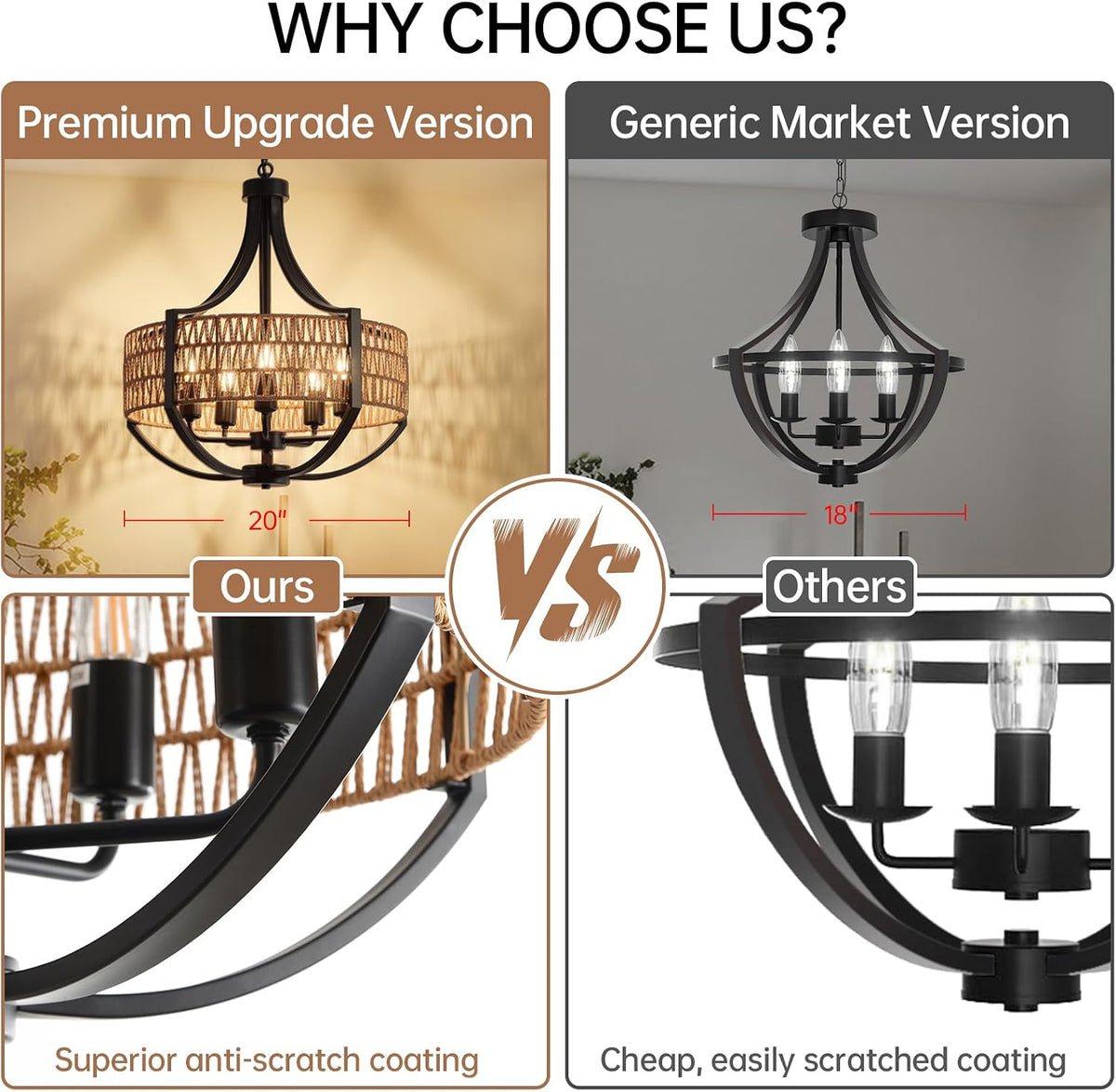 20" Rattan Chandelier, 5-Light Black Farmhouse Pendant Light