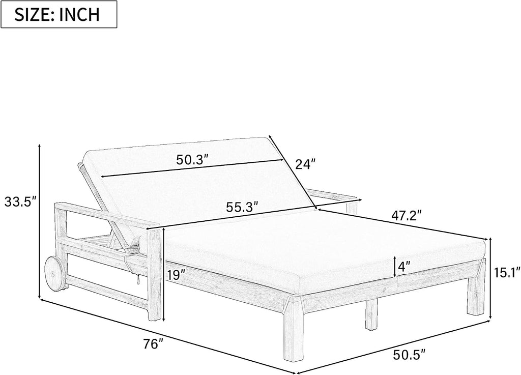 Farmhouse-Style Acacia Wood Outdoor Daybed for 2,Weather-Resistant Patio Lounger with 4-Position Adjustable Backrest & Wheels,High-Resilience Foam Cushions,for Poolside, Garden(Beige)