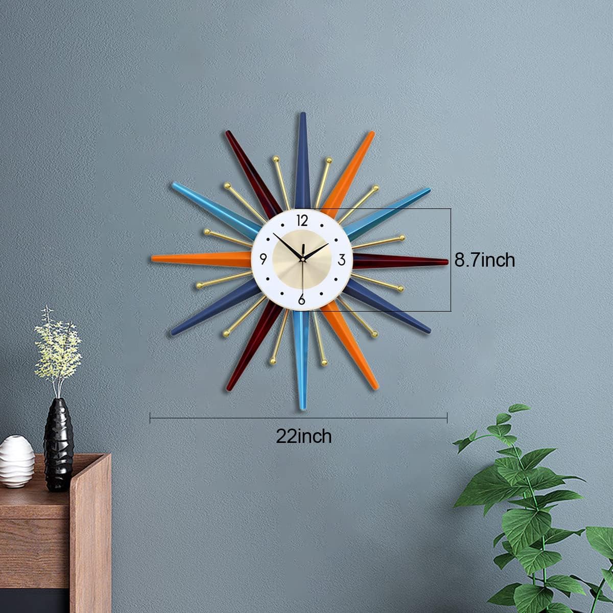 FIELDY Large Wall Clock 22 Inch Mid Century Wall Clocks Starburst Clock Non Ticking Battery Operated 3D Wall Clocks Home Décor for Living Room, Kitchen, Dining Room, Bedroom