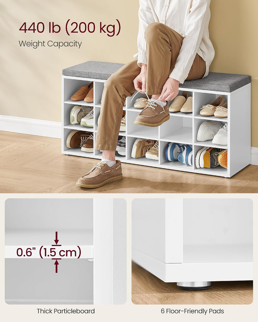VASAGLE Shoe Bench with Cushion, 15 Compartments, 11.8 x 41.3 x 18.9 Inches
