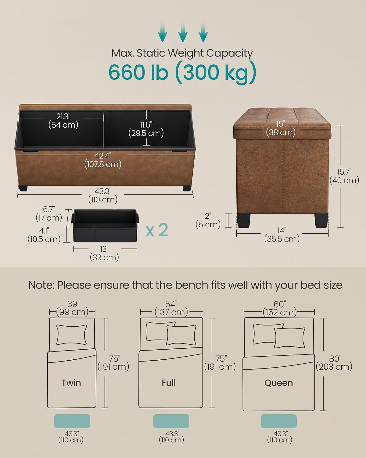 SONGMICS Storage Ottoman Bench with Legs, 43.3 Inches, 30 Gal. (112 L)