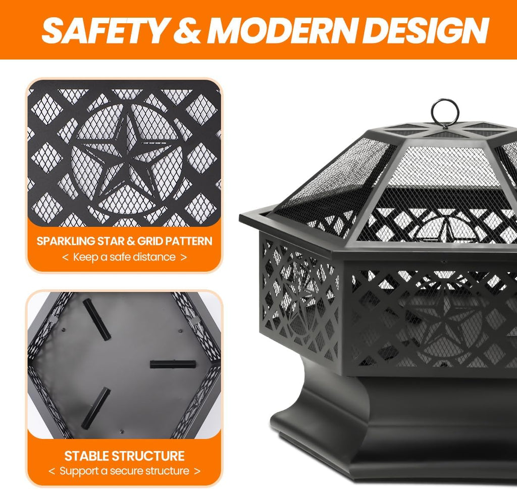 Panovue 28 Inch Hexagonal Fire Pit with Spark Screen&Fire Poker Black