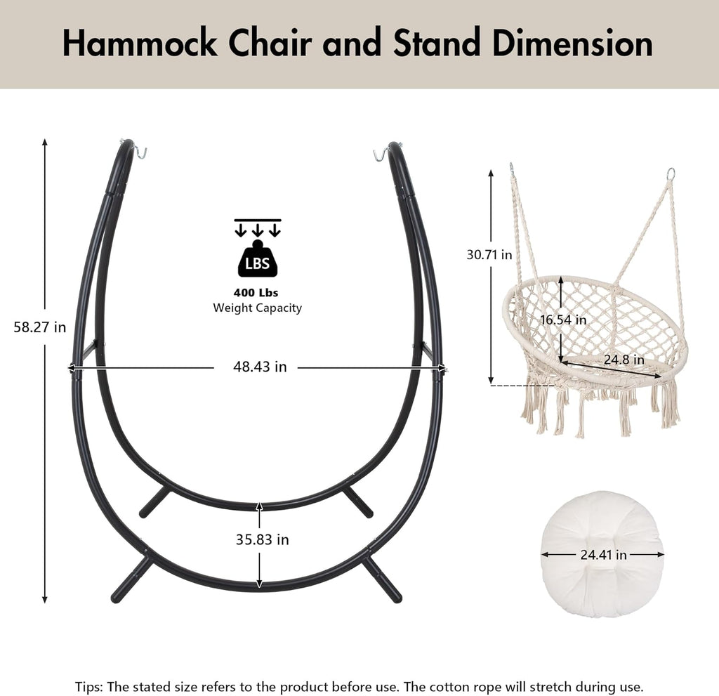 ANOW Patio Macrame Hammock Chair with Stand and Seat Cushion, Natural