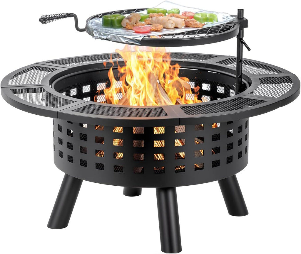 Verdeluxe 36 inch Outdoor Fire Pit with Cooking Grate 3-in-1 Fire Pit Table