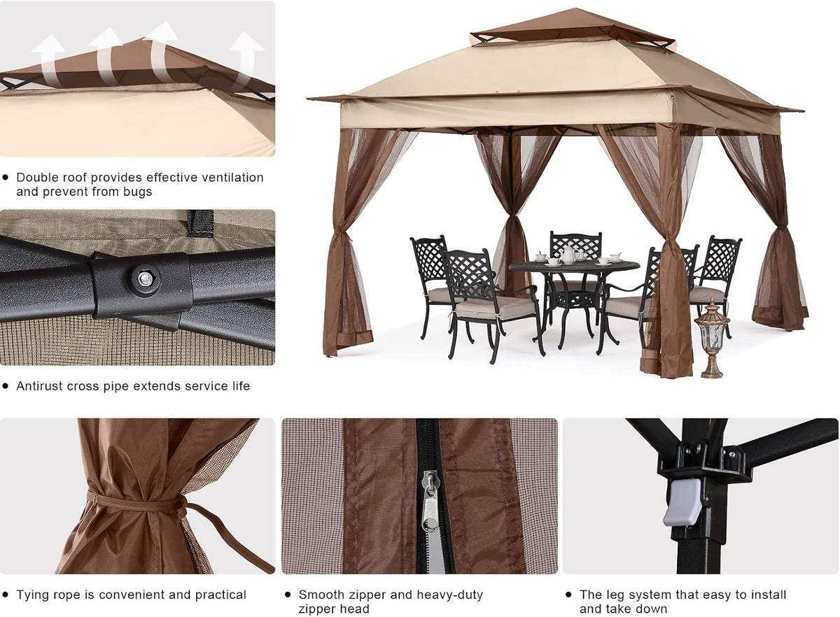 MASTERCANOPY 11x11 ft Pop Up Gazebo with Netting Screen Walls, Champagne