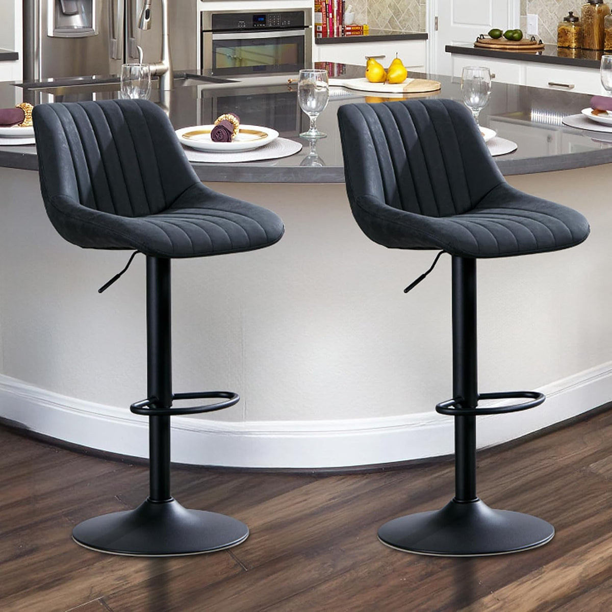 Barstools Set of 2, Faux Leather Swivel Bar Height Stools with Back, Armless Upholstered Counter Height Stools, Modern Adjustable Bar Chairs for Kitchen Island/Cafe/Dining/Restaurant, Black