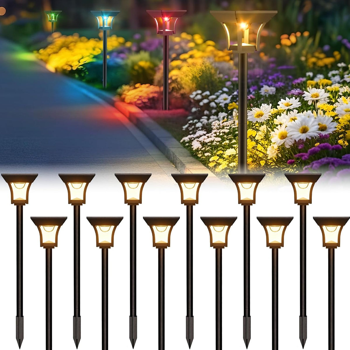 CINOTON RGBCW Solar Pathway Lights Outdoor, 3 Lighting Modes, 12 Pack