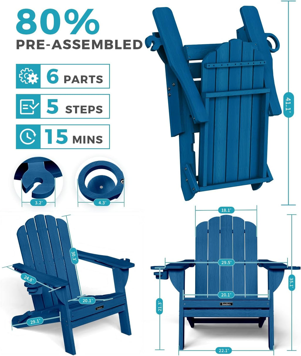Folding Adirondack Chair, All-Weather HDPE Patio Chair with 2 Cup Holders