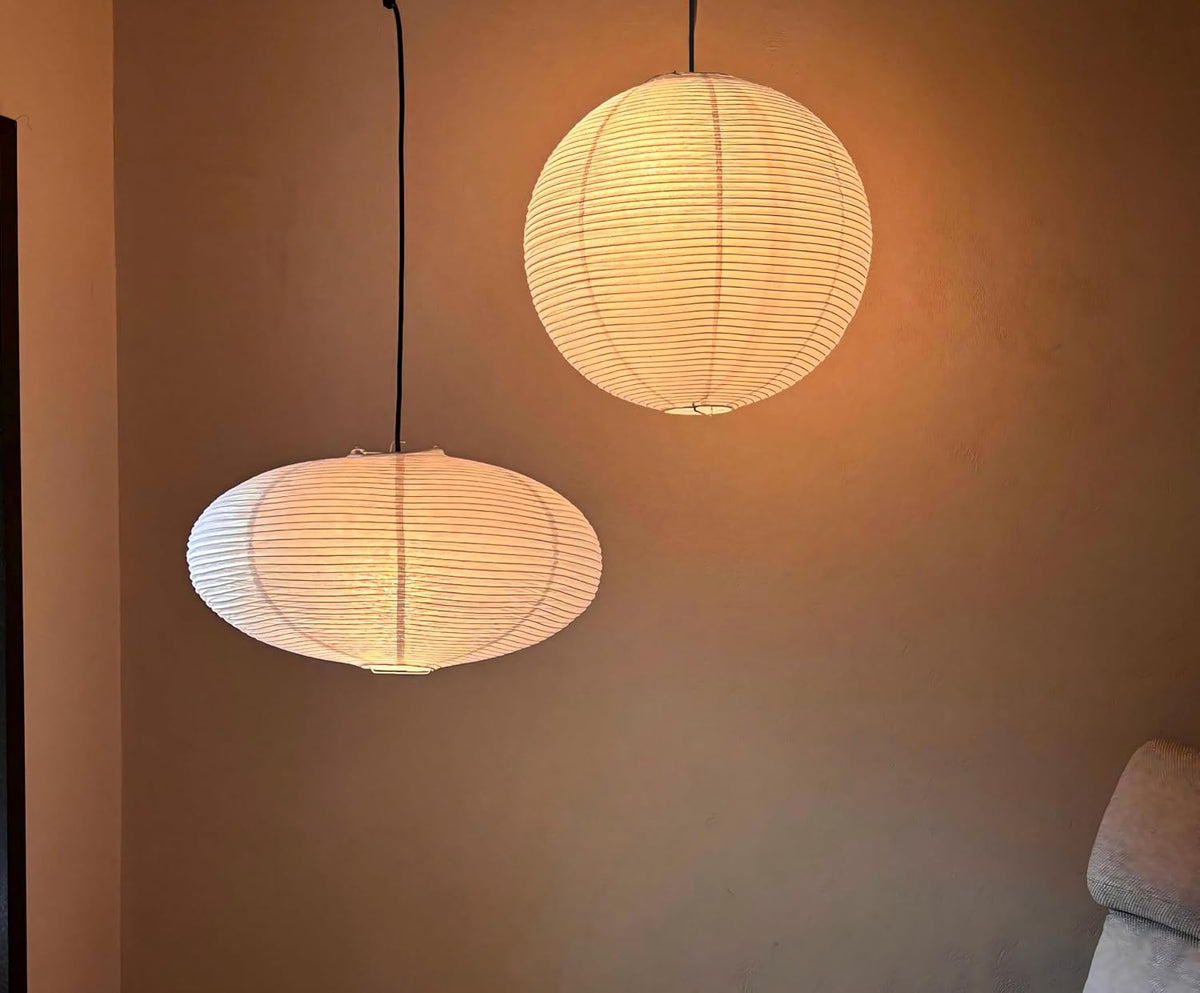 2 PCS Chinese Paper Lanterns White Lampshade, 16inch Large Round and 18inch Oblate Pendant Lamp Shade, Rice Paper Lampshade Ceiling Foldable Light Shade for Interior Home Decoration