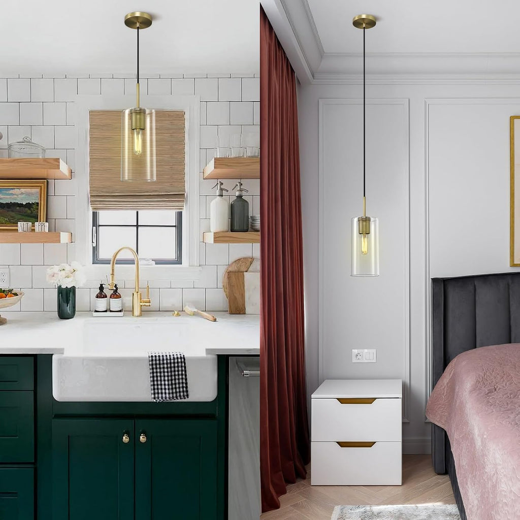 Modern Brass Pendant Lights Kitchen Island Glass Pendant Light Fixtures, 9.5'' Farmhouse Clear Glass Cylinder Pendant Light, Gold Kitchen Pendant Lighting over Island Sink, E26 Bulb Included