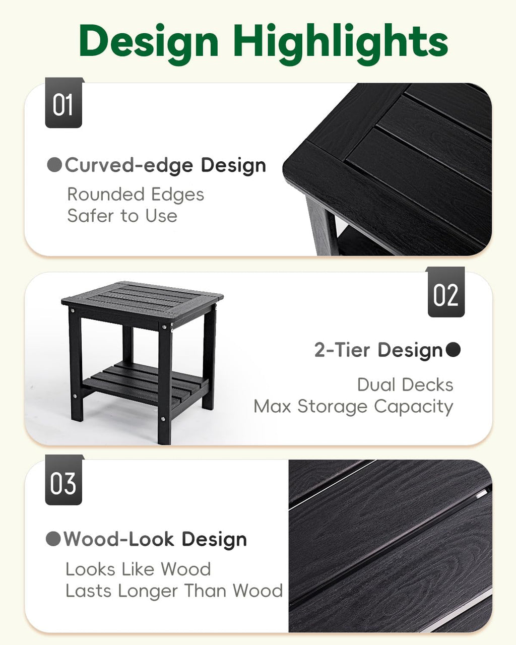 Outdoor Side Table, 2-Tier HDPE Small Patio Table, Black