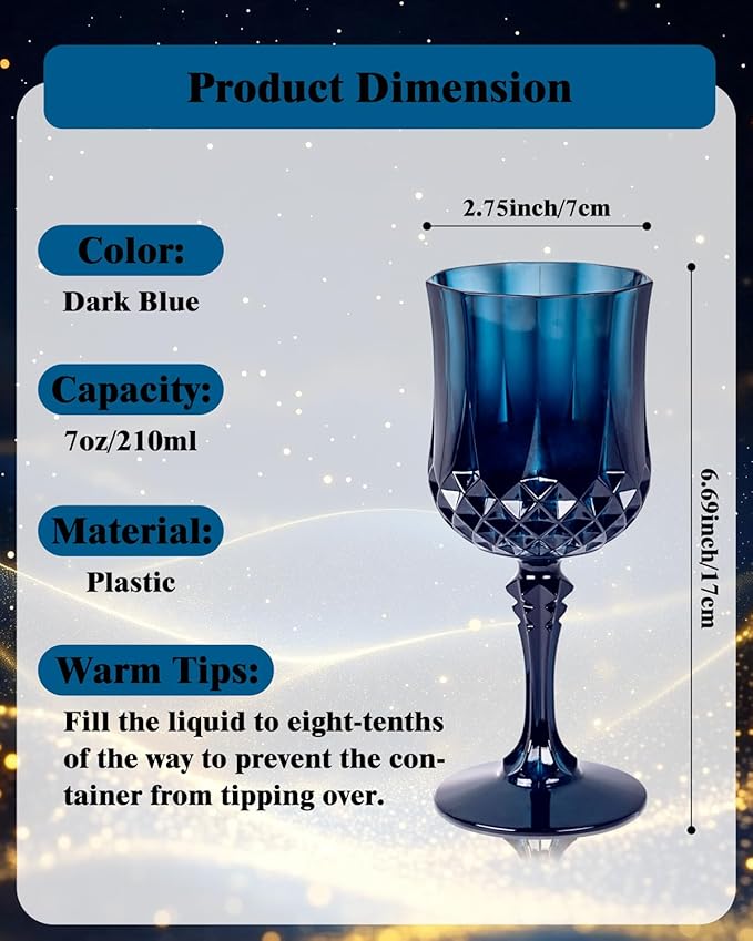Ciaell 24PCS Blue Plastic Wine Glasses - 7 Oz Plastic Goblets for Party - Blue Vintage Drinking Glasses - Disposable Water Goblets Set for Wedding, Bar, Wine, Beer, Juice, Cocktail & Halloween
